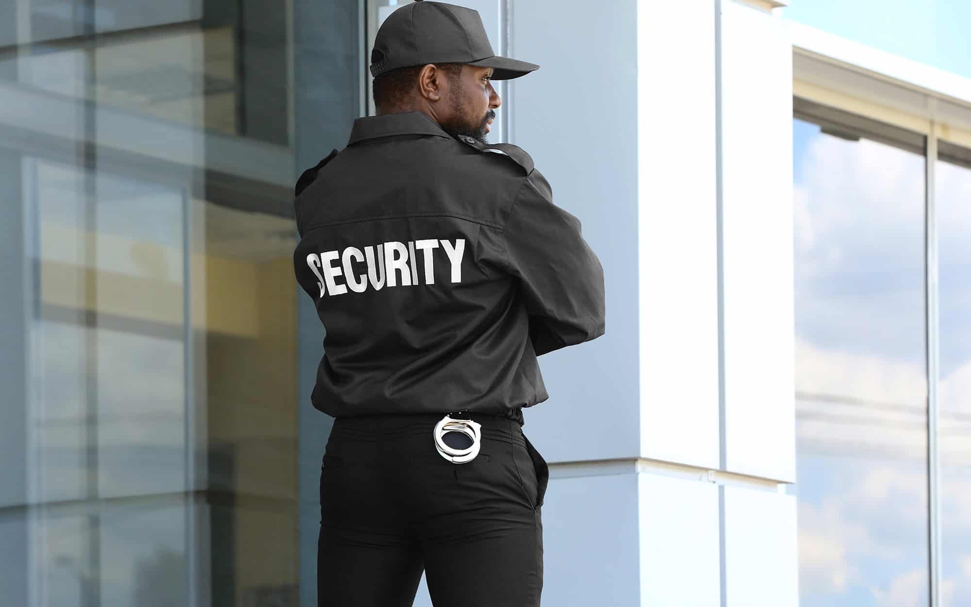 Home security guard outside office building